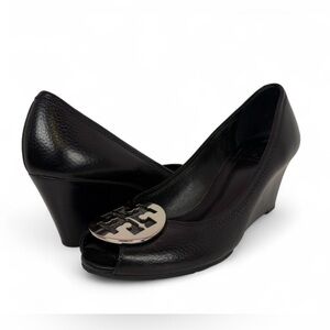 SOLD — Tory Burch Sally Wedge Peep Toe Heel Women’s Size 8.5 Shoe Black Pebbled